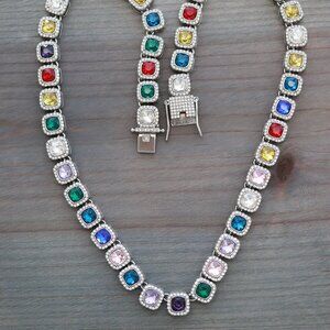 12.5mm Multicolor Square Halo Diamond Chain Rhinestones Necklace Silver Plated